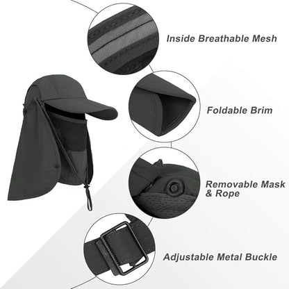 Foldable Sun Cap, Fishing Hats, UPF 50+ Protection Caps with Face Mask Neck Flap