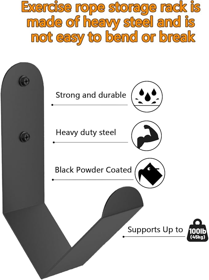 2 PCS Exercise Rope Storage Rack Black Steel Battle Rope Storage Hook Wall Mount Rope Hanger Organizer Workout Rope Holder Mount Heavy Duty J-Hook for Exercise Rope Battle Rope in Home/Commercial Gym