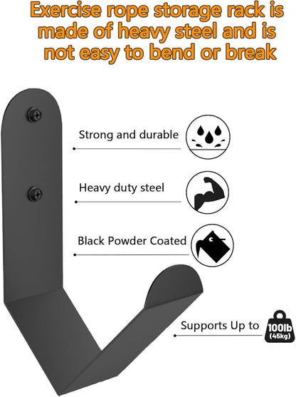 2 PCS Exercise Rope Storage Rack Black Steel Battle Rope Storage Hook Wall Mount Rope Hanger Organizer Workout Rope Holder Mount Heavy Duty J-Hook for Exercise Rope Battle Rope in Home/Commercial Gym