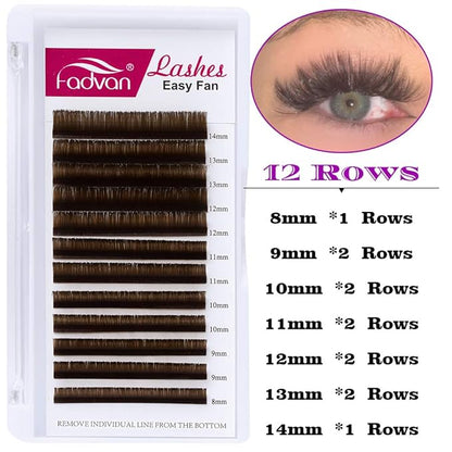 Brown Eyelash Extensions 0.07mm C/D Curl Volume Lash Extensions 8-14mm Self Fanning 3D 4D 6D 10D Rapid Automatic Blooming Flower Eyelashes Extension D Curl Used by FADVAN (Brown 0.07-D, 8-14mm)