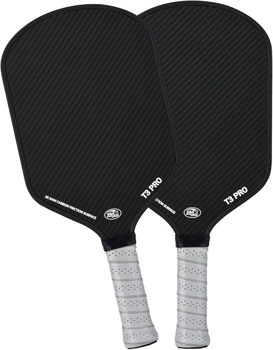 Pickleball Paddle - 3K Raw Carbon Fiber Surface (CFS) + Carbon Abrasion Surface (CAS) with High Grit & Spin, Sure-Grip Elongated Handle, Pickle Ball Paddle with 16mm Polypropylene Honeycomb Core