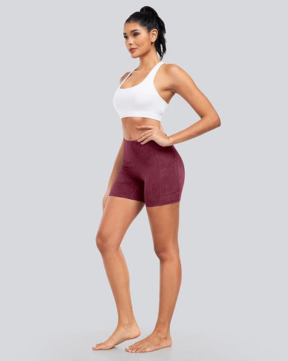 CHRLEISURE Womens Biker Yoga Shorts with Pockets: High Waisted Tummy Control Spandex Workout Athletic Gym Shorts 4 Packs