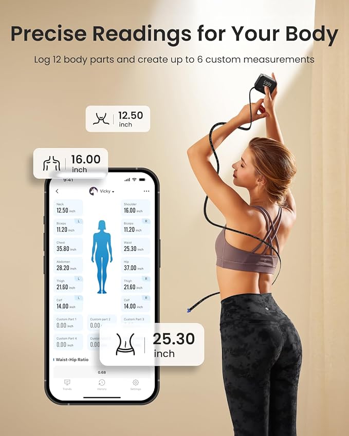 RENPHO Smart Body Measuring Tape, Rechargeable Tape Measure with LED Display, Measuring Tape for Body Measurements with App for Weight Loss & Fitness Shape, Retractable, 60in /150cm, Black