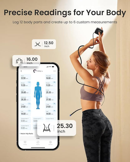 RENPHO Smart Body Measuring Tape, Rechargeable Tape Measure with LED Display, Measuring Tape for Body Measurements with App for Weight Loss & Fitness Shape, Retractable, 60in /150cm, Black