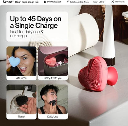 Heart Face Clean Pro⁺ Electric Facial Cleansing Brush - Silicone Facial Scrubber for Acne - IPX7 Waterproof, Rechargeable Exfoliator with Slip-Free Grip & 3 Speed Settings - Phthalate-Free - Rose