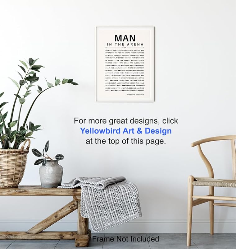 Man in the Arena Quote Poster - 8x10 Motivational Inspirational Teddy Roosevelt Daring Greatly Wall Art Decor - Unique Gift for Men, Boys, Teens, Entrepreneur - For Office, Living Room, Bedroom