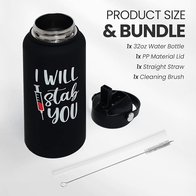 SANDJEST Nurse Gifts for Women - I Will Stab You Water Bottle 32oz Stainless Steel Insulated with Lid, Nurse Appreciation Gifts for Female Nurses, Christmas Birthday Nurse Week