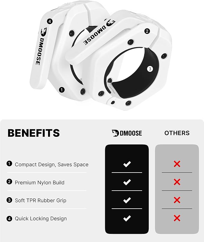 DMoose Fitness Barbell Clips 2 Inch (Pair) - Quick Release Olympic Barbell Clamps & Collars with Anti Slip TRP Grip for Secure Weightlifting and Powerlifting - Weight Clips for Bars at Home or Gym