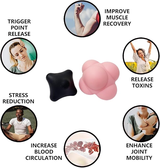 Reaction Training Ball,Six-Point Spike Massage Ball Set,Body Different Massage Balls for Hand and Foot Relaxation,Deep Muscle Relief,Everyday Use(2 Pieces) (Pink/Black, 2.80"/2.28")