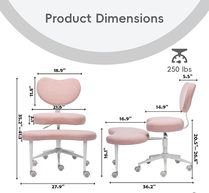 Meditation Chair with Wheels, Ergonomic Criss Cross Chair, Adjustable ADHD Floor Sitting Chair, Swivel Cross Legged Office Chair with High Back, Kneeling Posture Chair, Teddy Fabric,Pink