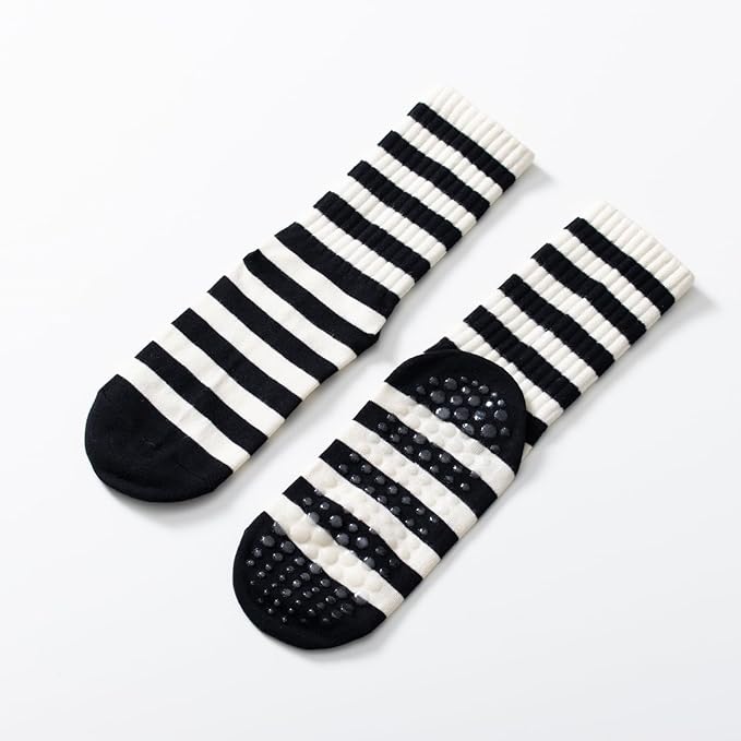 Yoga Pilates Socks with Grips for Women Non Slip Striped Cushioned Crew Socks for Barre Ballet Dance
