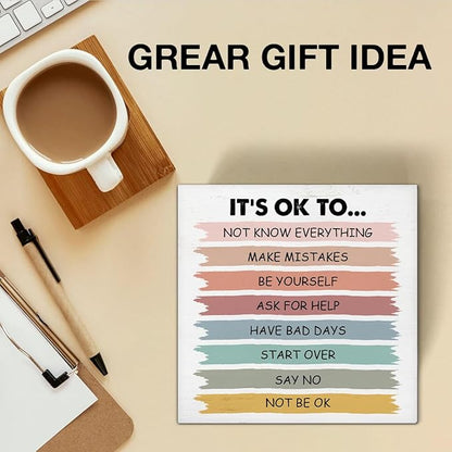 Positive Affirmations Sign It's Okay to Not Be Okay Wood Block Sign Mental Health Decorative Desk Sign Classroom Playroom School Counselor Therapy Office Home Shelf Tabletop Decor 5 X 5 Inches