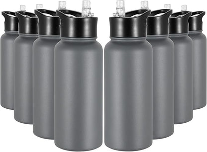 32 oz Insulated Water Bottle Bulk 8 Pack, Stainless Steel Sports Water Bottles with Straw Lid & Wide Mouth Lids, Double Walled Vacuum, Leak Proof, Gray
