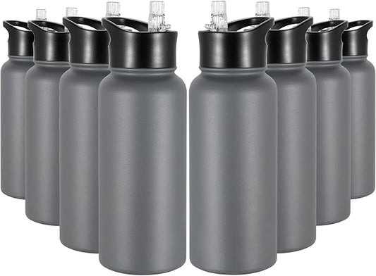 32 oz Insulated Water Bottle Bulk 8 Pack, Stainless Steel Sports Water Bottles with Straw Lid & Wide Mouth Lids, Double Walled Vacuum, Leak Proof, Gray
