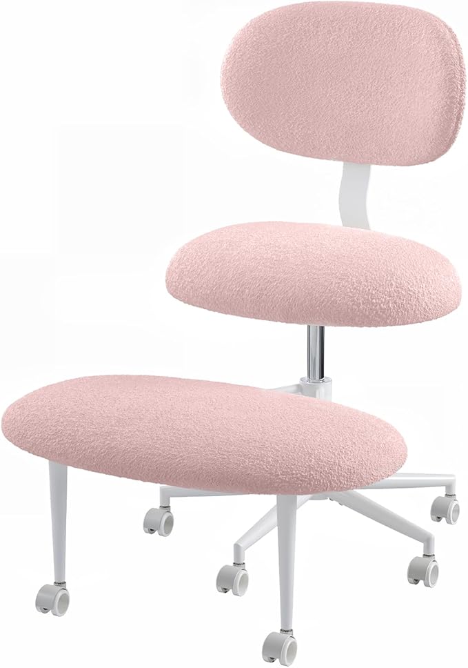 Ergonomic Cross Legged Office Chair with Wheels, ADHD Chair for Adults, Meditation Chair, Yoga Office Chair, Comfortable Back Support, Height Adjustable,Small Spaces, Teddy Fabric, Pink