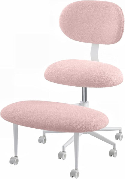 Ergonomic Cross Legged Office Chair with Wheels, ADHD Chair for Adults, Meditation Chair, Yoga Office Chair, Comfortable Back Support, Height Adjustable,Small Spaces, Teddy Fabric, Pink