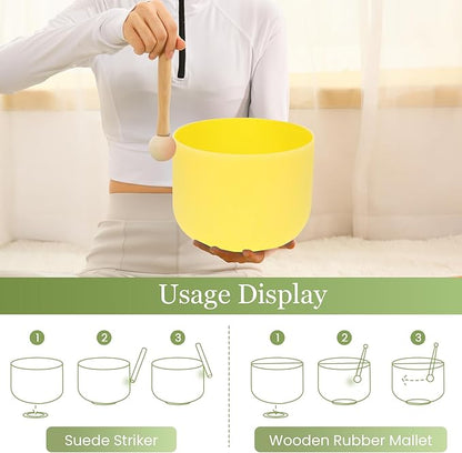 432HZ 8 Inchs E Note Yellow Frosted Crystal Singing Bowl for Meditation Healing Yoga Chakra Quartz Crystal Sound Bowls with Heavy Duty Carry Case and Rubber Mallet,Suede Striker,O-rings