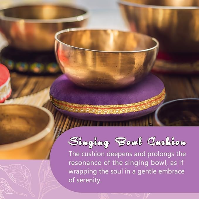 Singing Bowl Cushion for Tibetan Singing Bowls, Handmade Silk Brocade Round Cushion Pillow for Sound Healing and Crystal Sound Bowls Accessories(Purple,7.5 Inch)