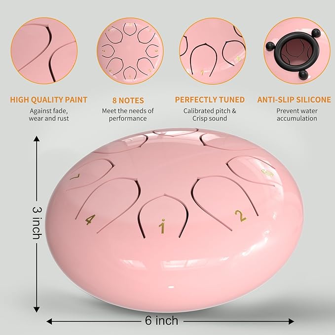 Rain Drum for Outside Garden, 6 Inches 8 Notes Steel Tongue Drums, Waterproof Meditation Echo Rain Chime, Musical Instruments for Adult Gift with Bag, Music Book, Mallets (Pink)