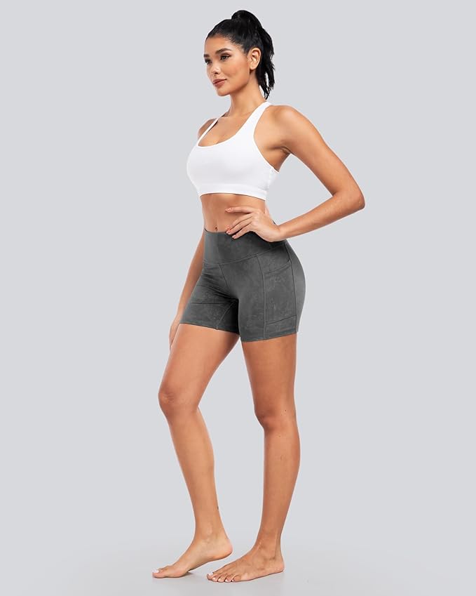 CHRLEISURE Womens Biker Yoga Shorts with Pockets: High Waisted Tummy Control Spandex Workout Athletic Gym Shorts 4 Packs