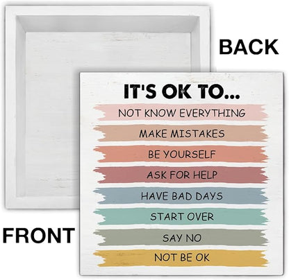 Positive Affirmations Sign It's Okay to Not Be Okay Wood Block Sign Mental Health Decorative Desk Sign Classroom Playroom School Counselor Therapy Office Home Shelf Tabletop Decor 5 X 5 Inches