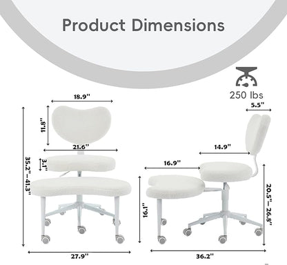 Meditation Chair with Wheels, Ergonomic Criss Cross Chair, Adjustable ADHD Floor Sitting Chair, Swivel Cross Legged Office Chair with High Back, Kneeling Posture Chair, Teddy Fabric,Ivory