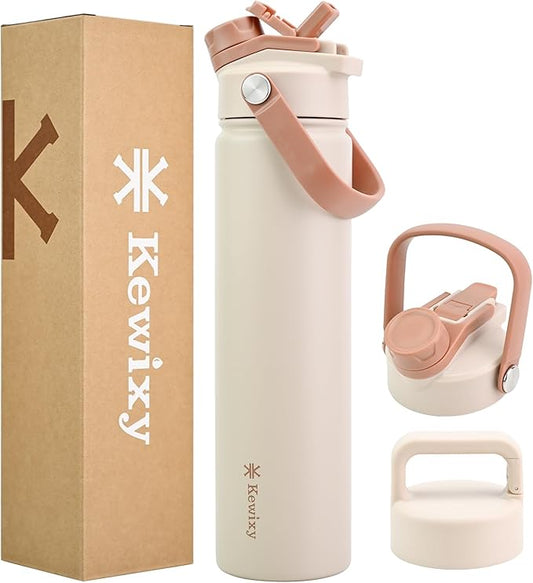 24 oz Insulated Water Bottle, 2-in-1 Lid, Straw & Spout with Protected, Leak Proof, Keep Cold, Stainless Steel, Metal, Reusable, Handle, for Travel, Gym and School, 2 Lids, Mousse