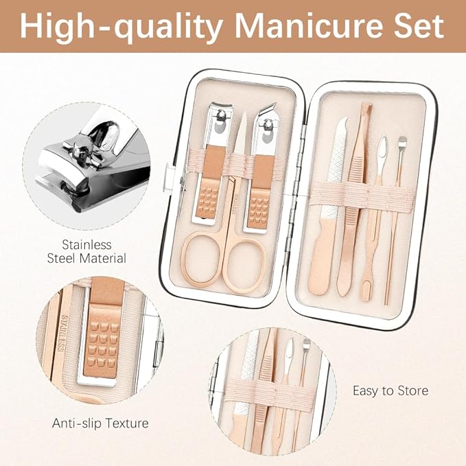 Manicure Set, Nail Clipper Set Stainless Steel Nail Clipper Kit 7 in 1 Manicure Kit Grooming Kit Nail Clippers Pedicure Kit Fingernail Toenail Clippers for Men Women Husband Boyfriend Travel Rose Gold