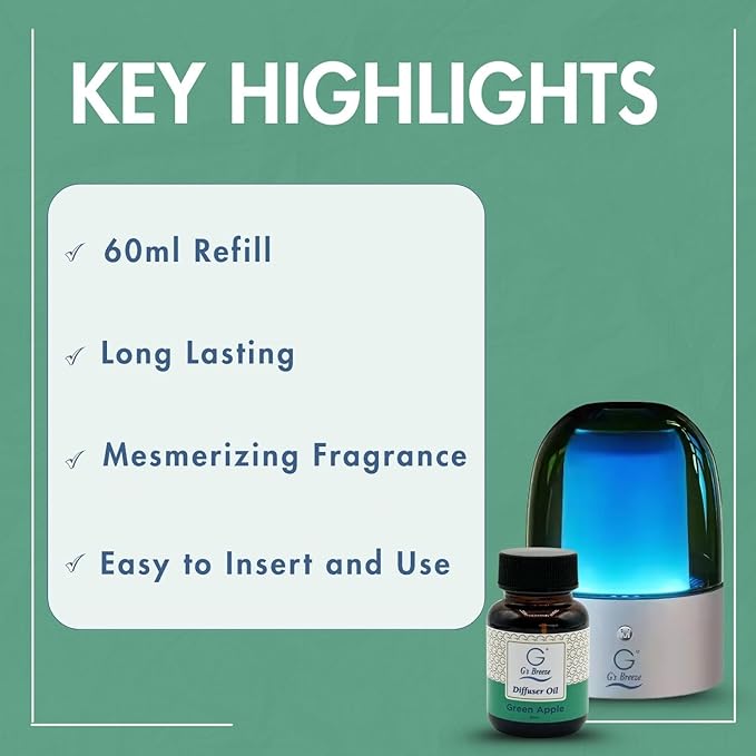 G's Breeze Smart Aroma Diffuser with 60ml Green Apple Scent Refill – Bluetooth & Wi-Fi App Control - LED Lighting & Adjustable Intensity - Long-Lasting Crisp Fruity Fragrance for Home or Office