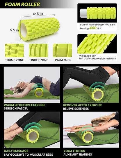 Yoga Starter Kit 12 in 1 - Set Include Mat, Foam Roller, 4 Resistance Bands, Blocks 2 Pack with Strap, 2 Peanut Massage Balls, Yoga kit and Sets for Beginners