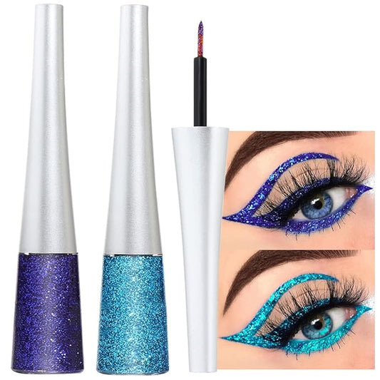 evpct 2Pcs Dark Light Royal Blue Color Liquid Glitter Eyeliner Liners Sets for Women Liquid Sparkly Glitter Eyeliner delineador con glitter de colores para ojos colores 03+12