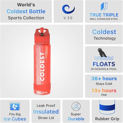 Coldest Insulated Water Bottle with Straw Lid - Stainless Steel Metal Insulated Bottle for Men & Women (Mars Red Glitter, 24 oz)