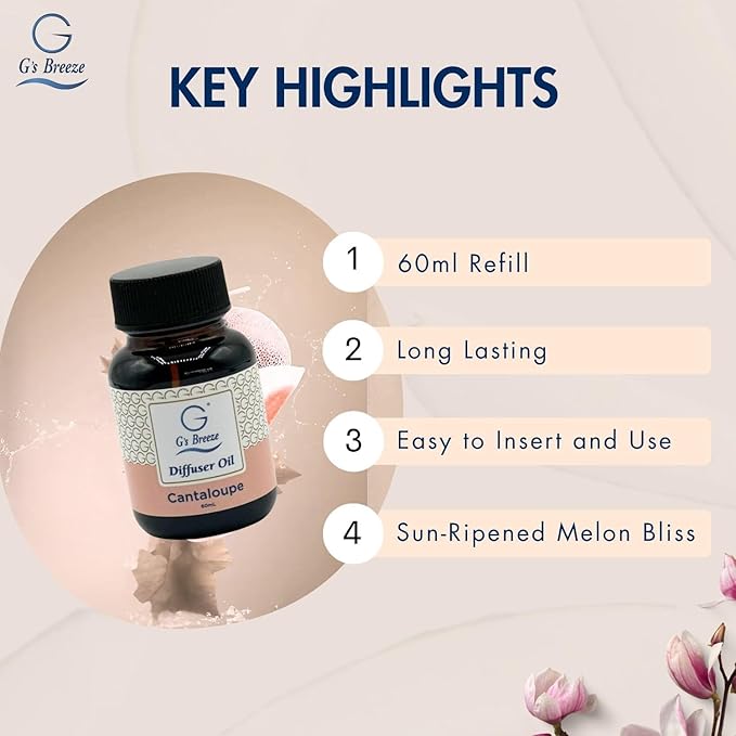 G's Breeze Smart Aroma Diffuser with 60ml Cantaloupe Scent Refill – Bluetooth & Wi-Fi App Control - LED Lighting & Adjustable Intensity - Long-Lasting Sweet Fruity Fragrance for Home or Office