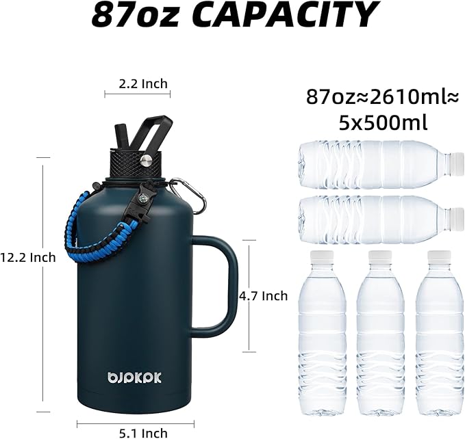 BJPKPK 2/3 Gallon Water Bottle Insulated with Straw Lid, 50oz, 64oz, 87oz, 128oz Large, Stainless Steel Water Bottles with 3 Lids and Paracord Strap, Double Wall Vacuum Metal Water Jug,Navy Blue