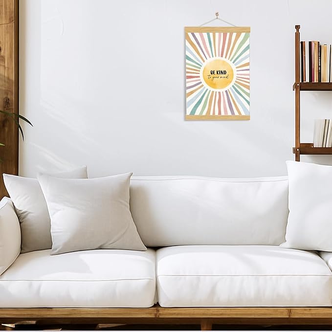 YGSDZY Be Kind To Your Mind Sign, Mental Health Poster, Wood Poster Hanger, Sun Playroom Posters, Therapy Office Decor, Boho Sun Decor, School Psychologist Signs, Classroom Decoration