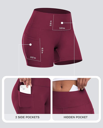 CHRLEISURE Womens Biker Yoga Shorts with Pockets: High Waisted Tummy Control Spandex Workout Athletic Gym Shorts 4 Packs