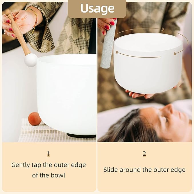 White G Note 8 inch Quartz Crystal Singing Bowl, for Healing Mindfulness Meditation Yoga Sound Baths, with Case Rubber Mallet