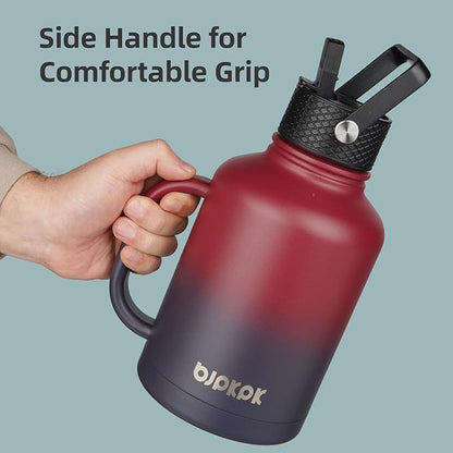 BJPKPK Large Insulated Water Bottles with Straw Lid & Handle, 50oz, 64oz, 87oz, 128oz Water Bottle with 3 Lids and Paracord Strap, Stainless Steel Metal Water Bottle, Insulated Water Jug, Army Green