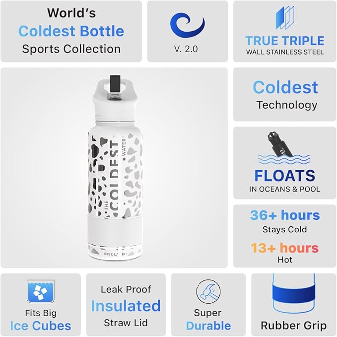 Coldest Insulated Water Bottle with Straw Lid - Stainless Steel Metal Insulated Bottle for Men & Women (Silver Leopard, 32 oz)