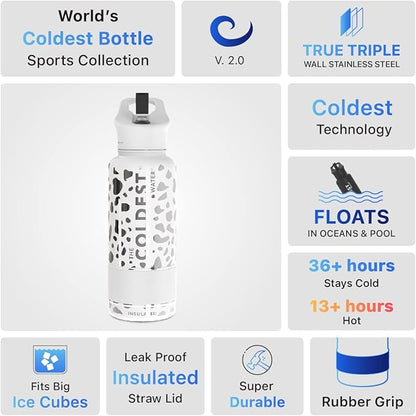 Coldest Insulated Water Bottle with Straw Lid - Stainless Steel Metal Insulated Bottle for Men & Women (Silver Leopard, 32 oz)