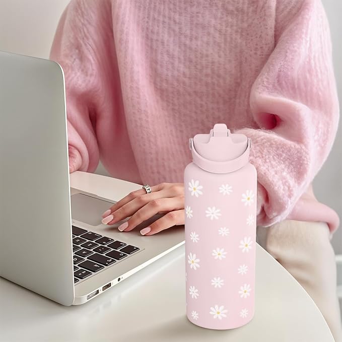 SANDJEST Daisy Water Bottle Stainless Steel 32oz Insulated with Lid, Flower Water Bottles Gifts for Women Girls Friends Teens Birthday Christmas