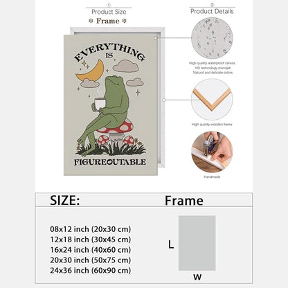 Everything is Figureoutable Motivational Canvas Wall Art Print Frog with Coffee Quote Inspirational Art Poster Mental Health Home Office Affirmation Wall Decor Minimalist Picture 12x18inch Framed