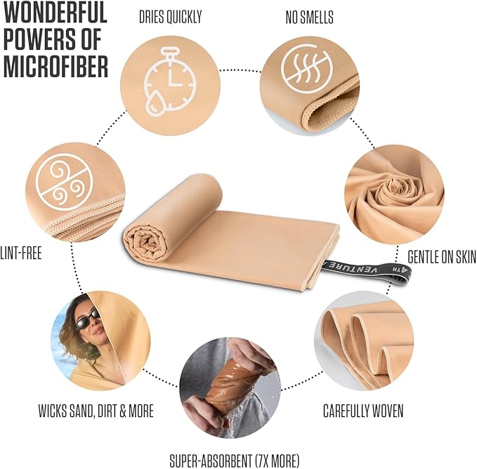 VENTURE 4TH Quick Dry Towel. Microfiber Travel Towel Ideal for Camping, Hiking, Backpacking, Gym. Lightweight & Fast Drying Travel Towels for Body. Compact & Easy to Pack - Beige Medium