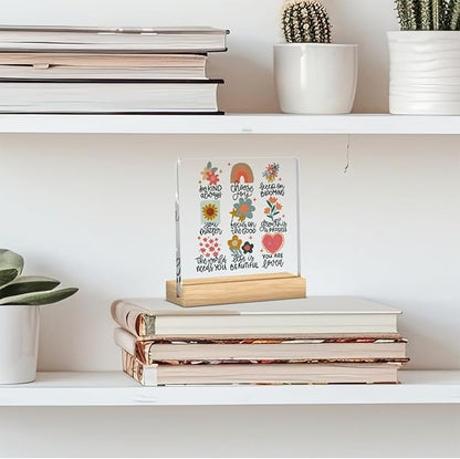 Mental Health Decor, Motivational Gifts for Women Men, Self Love Inspirational Boho Acrylic sign with Wooden office Accessories Bedroom Dorm Apartment Decoration-Positive doodle floral