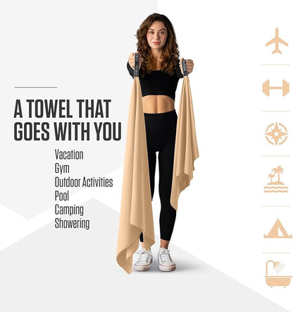 VENTURE 4TH Quick Dry Towel. Microfiber Travel Towel Ideal for Camping, Hiking, Backpacking, Gym. Lightweight & Fast Drying Travel Towels for Body. Compact & Easy to Pack - Beige Medium