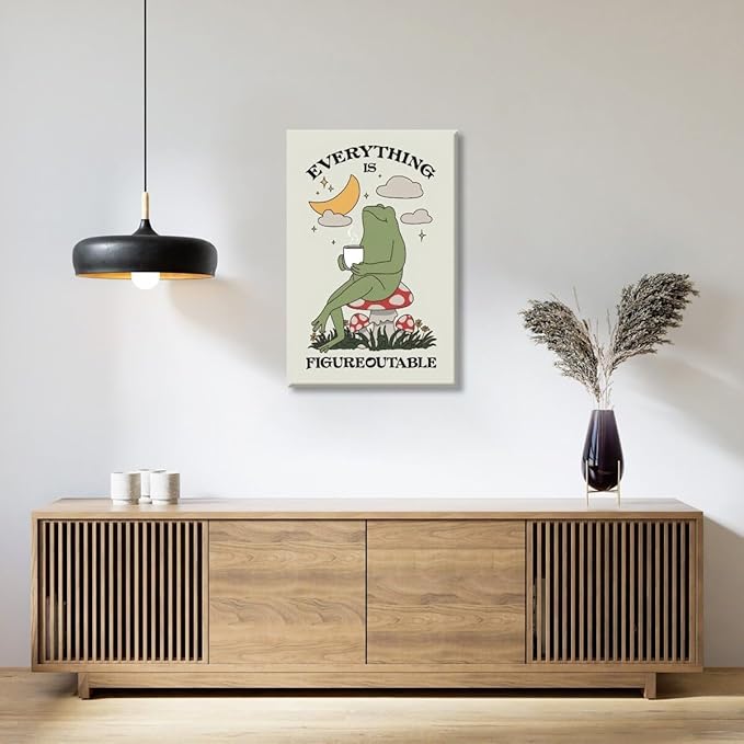 Everything is Figureoutable Motivational Canvas Wall Art Print Frog with Coffee Quote Inspirational Art Poster Mental Health Home Office Affirmation Wall Decor Minimalist Picture 16x24inch Unframed