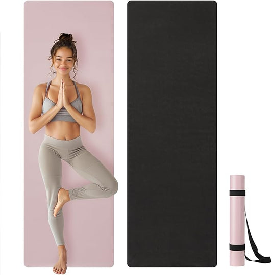 Navaris 4mm Pilates Mat - Yoga Workout PU & Rubber Mat - Ideal for Indoor, Outdoor, and Home Training - Non-Slip Exercise Fitness Mats for Men and Women - Pink & Black