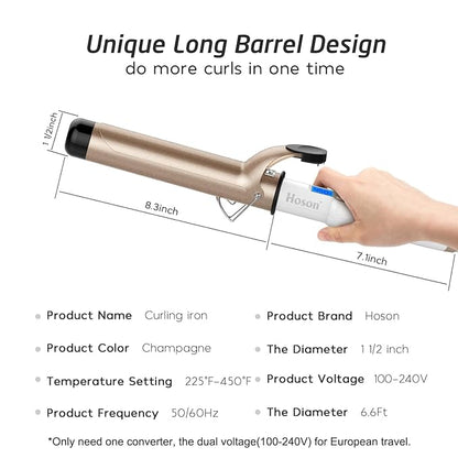 Hoson 1 1/2 Inch Curling Iron Large Barrel, 1.5 Inch Long Barrel Curling Wand Dual Voltage, Ceramic Tourmaline Coating with LCD Display, Glove Include