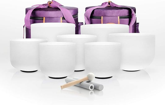 TOPFUND 7-12 inch Chakra Set of 7 Crystal Singing Bowls with Carrying Cases and Mallets