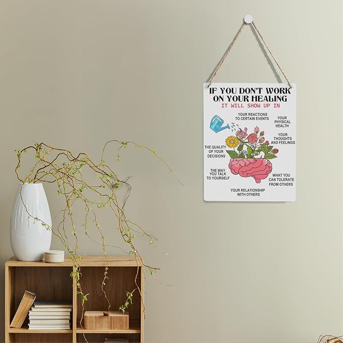 Healing Brain Mindfulness Posters Mental Health Awareness Psychologist Gift Wood Decor Sign Positive Affirmations Wall Decor for Consultation Room Therapy Office Bedroom Living Room